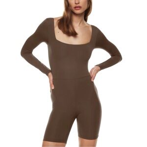 Babaton Contour Square Neck Long Sleeve Romper Small Minimalist Brown Aritzia